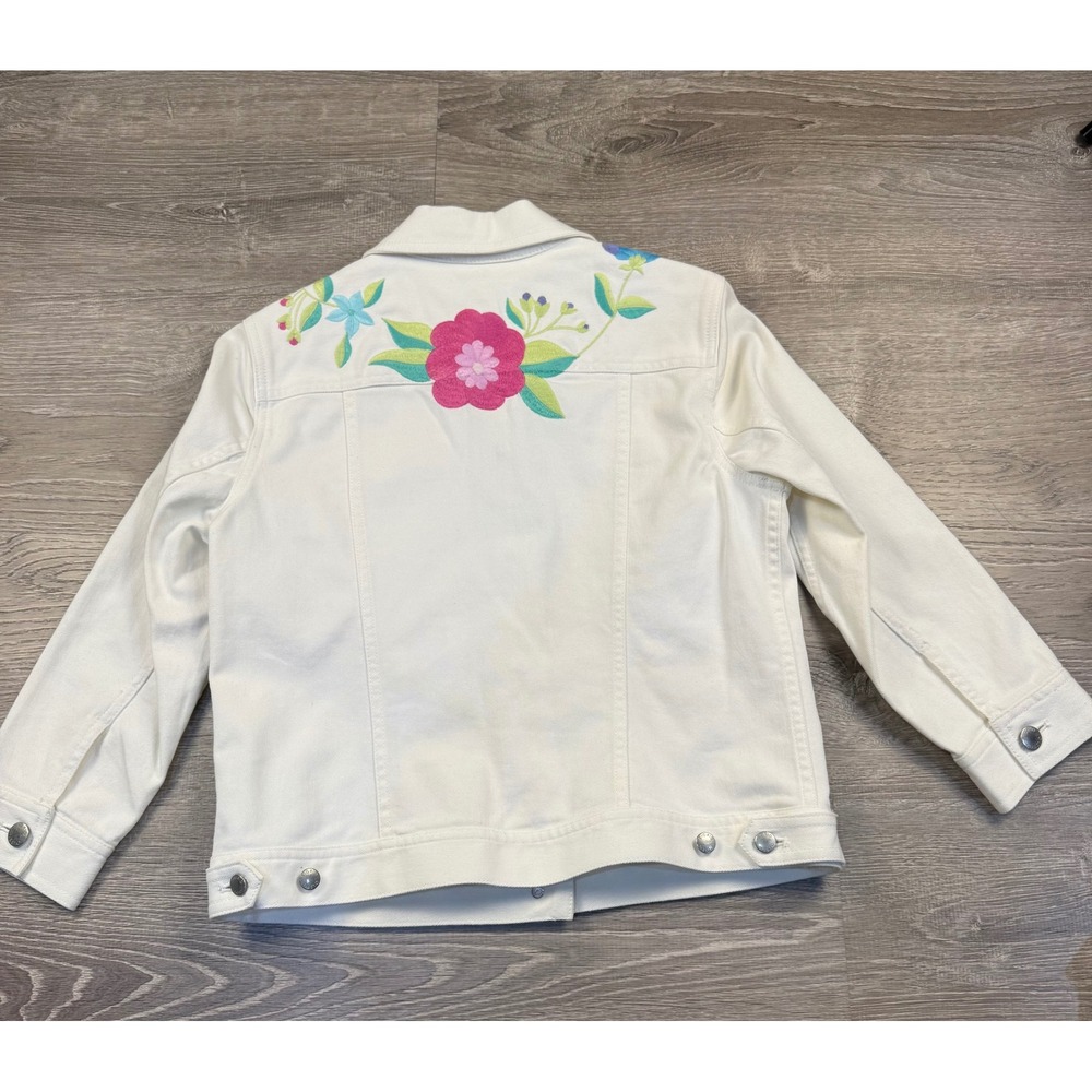 Sigrid Olsen Womens White Denim Jacket Floral Embroidered Cotton Stretch Small